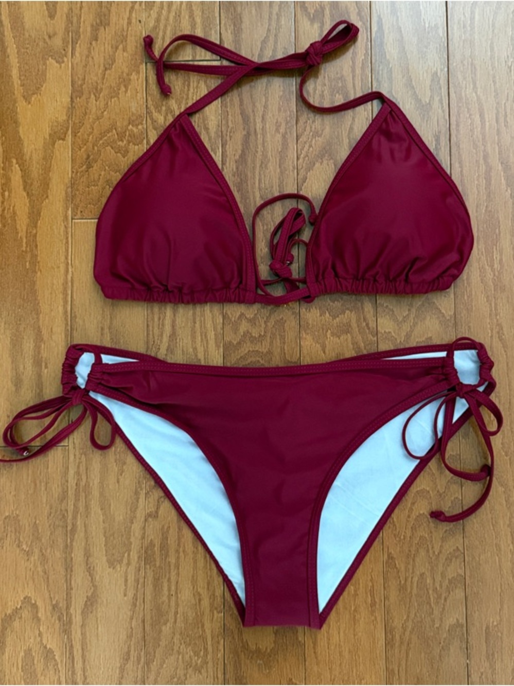 Burgundy Tie-Side Triangle Top Bikini Large